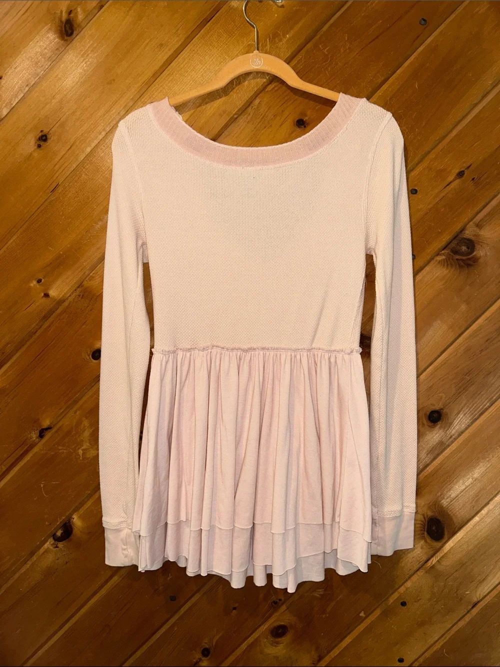 Vintage Free People long-sleeve waffle-knit babydoll lace accent top